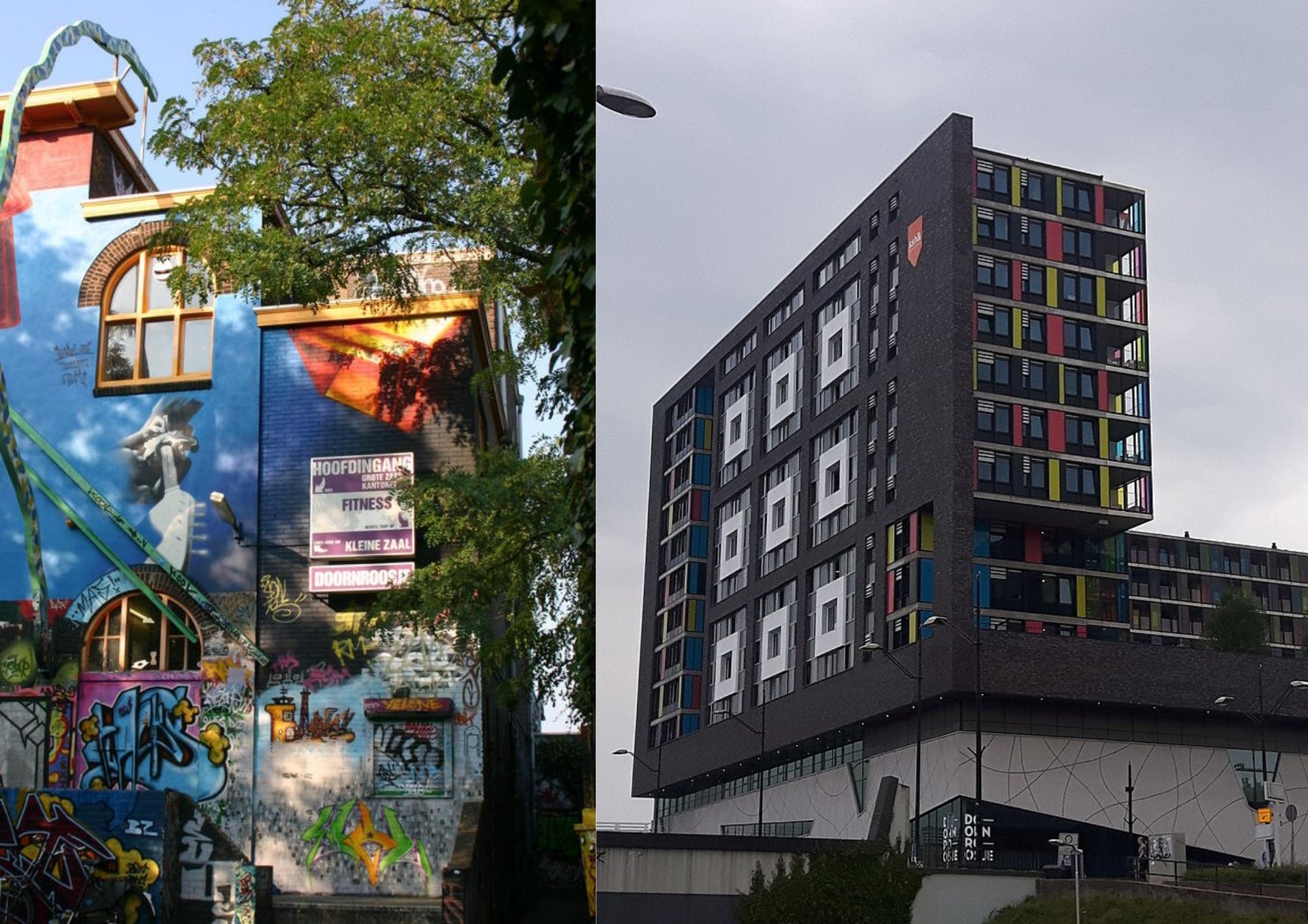 Doornroosje: the old building (left) and the new (right) | Photo: Ilse Lambert (L) and FakirNL (R), Wikimedia Commons