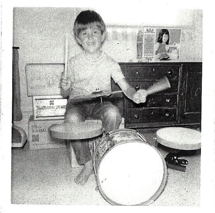 Tony with his first drum kit. | Photo: Tony Buck's archive