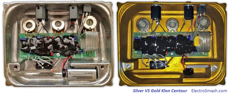 The Klon's circuit, uncompromisingly encapsulated in black goop | Photo: https://www.electrosmash.com/images/tech/klon-centaur/klon-centaur-silver-vs-gold-small.jpg