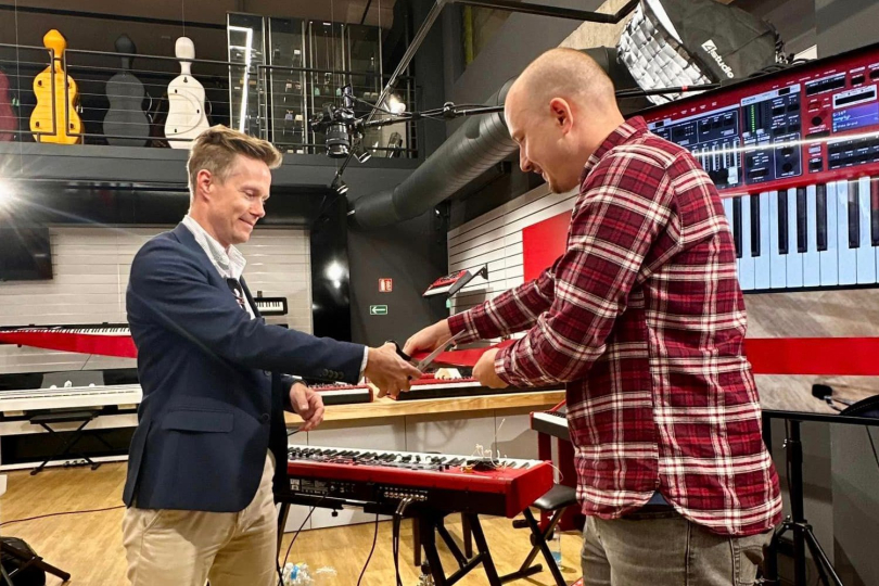 Morten Ness (left) together with Kytary.cz CEO Jiří Würtherk cutting the ribbon to open the new Nord instrument display. | Photo: Ondřej Pečenka