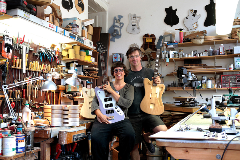 Frank Deimel and Kora Jünger, makers of Deimel Guitarworks in their workshop. | Photo: archive of Deimel Guitarworks