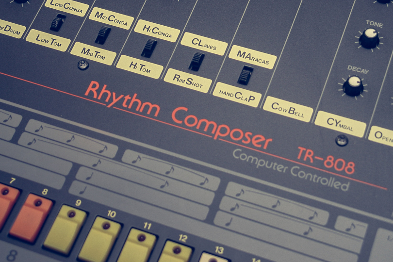A close up of the Roland TR-808 drum machine
