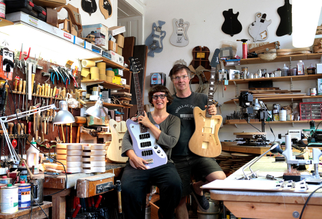 Frank Deimel and Kora Jünger, makers of Deimel Guitarworks in their workshop. | Photo: archive of Deimel Guitarworks