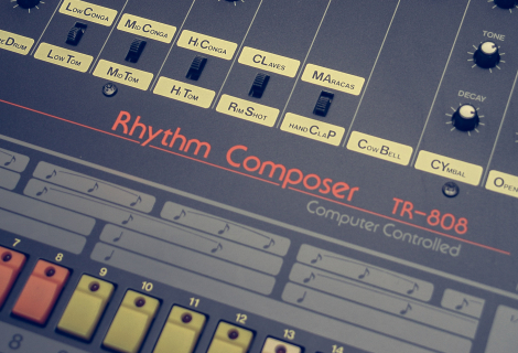 A close up of the Roland TR-808 drum machine